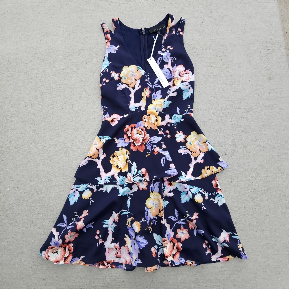NWT Adelyn Rae Navy Floral Mini Dress V-Neck Peplum Waist Womens Size X Small